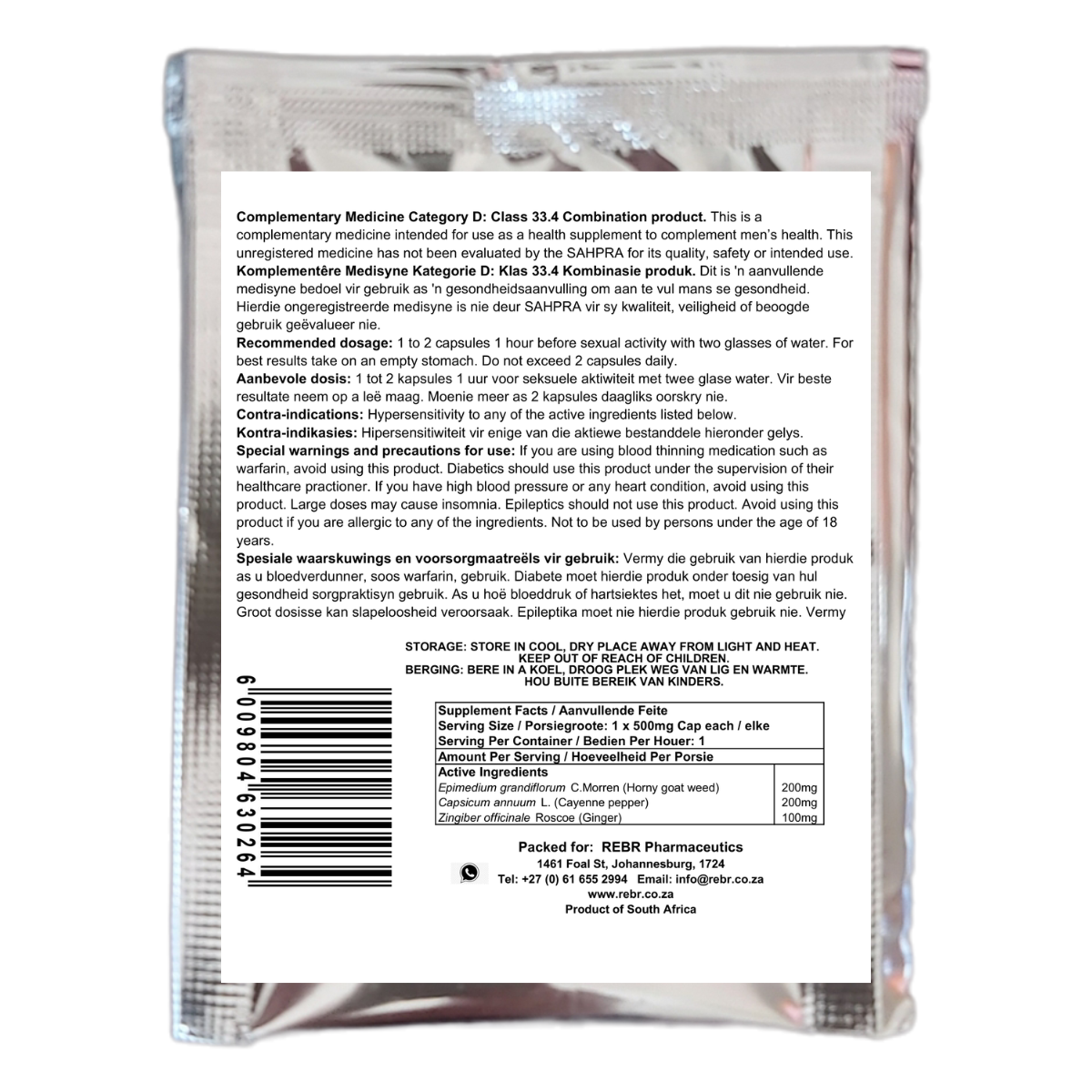 1 x MSS Male Max Up 500mg x 1 Silver Sachet Back Label